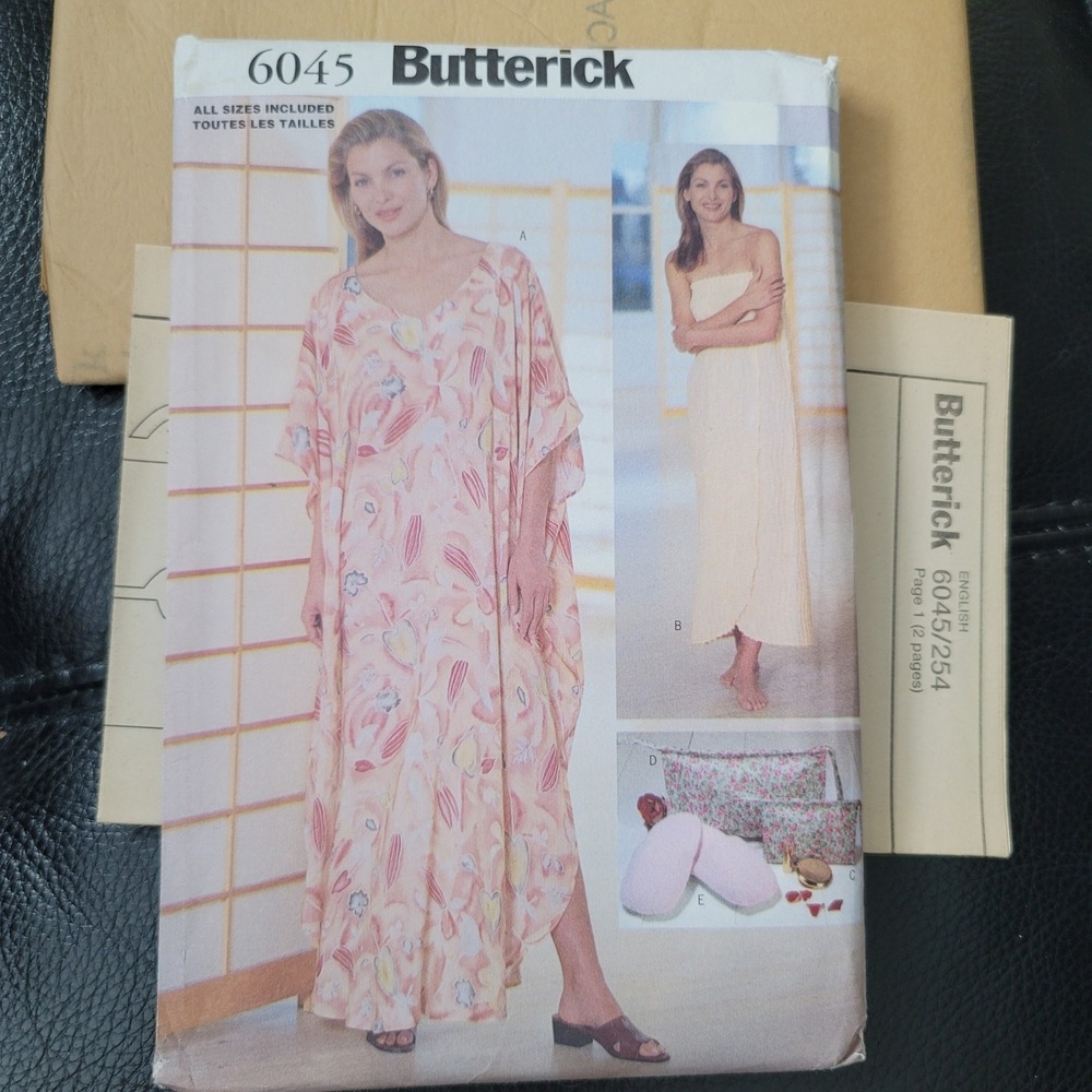 Butterick 6045 Caftan Wrap Robe Slippers Bags Sewing Pattern Uncut XS-XL